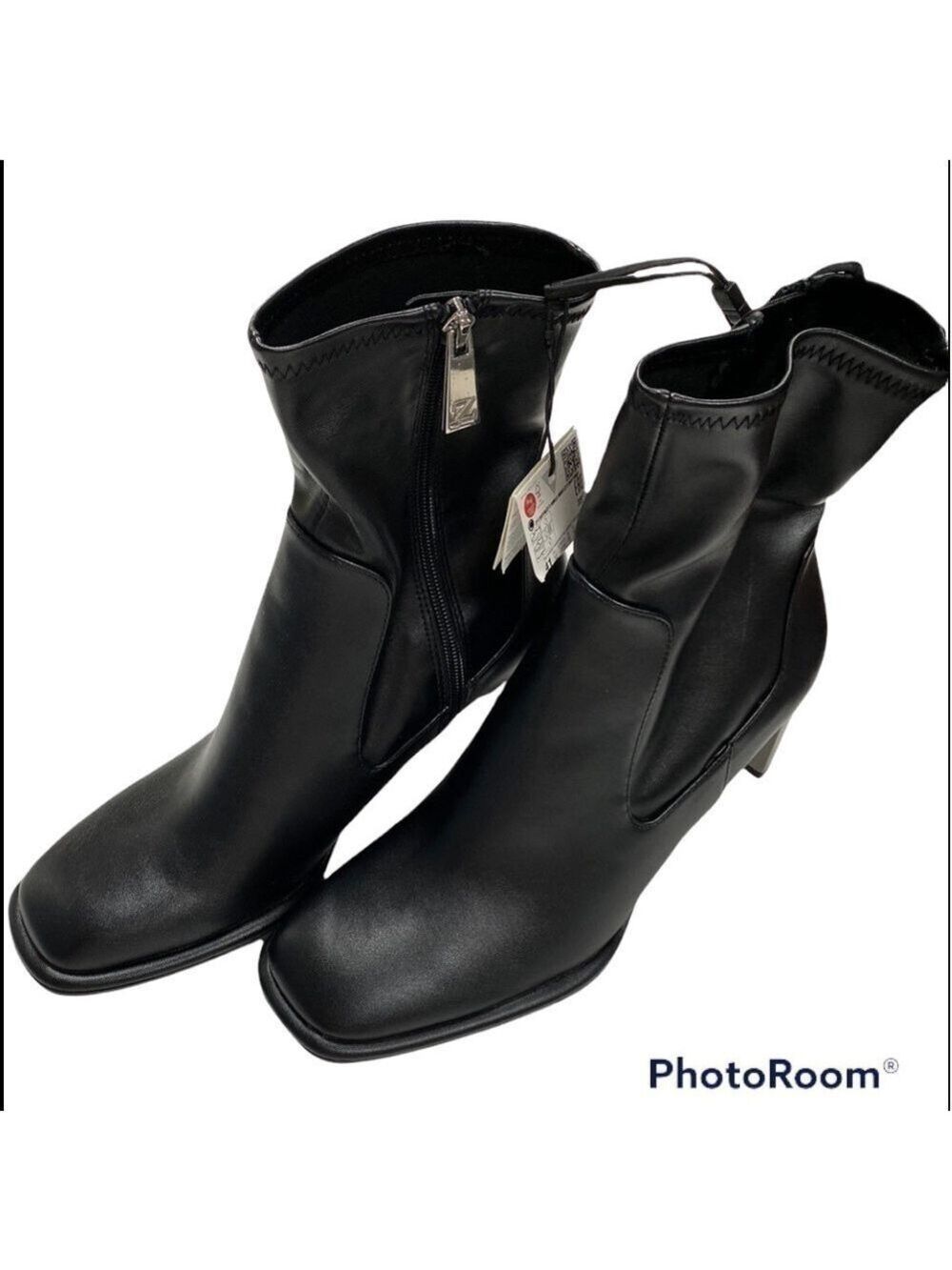 ZARA Women's Black Faux Leather Ankle Booties Silver Metal 3 In Heel Size 10